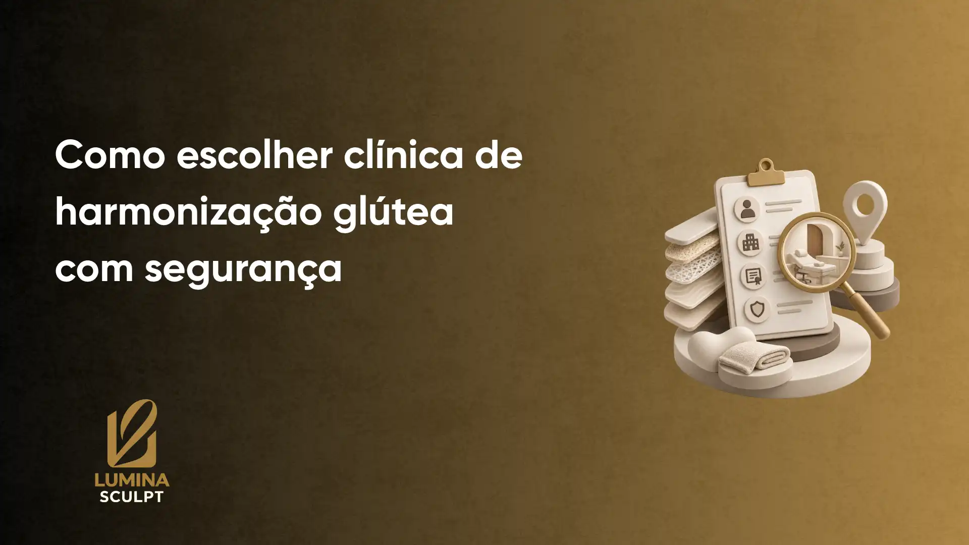 Imagem com fundo marrom e texto “Como escolher clínica de harmonização glútea com segurança”, com ilustração de um tablet, checklist, relógio e ícones médicos, além do logo LUMINA SCULPT.