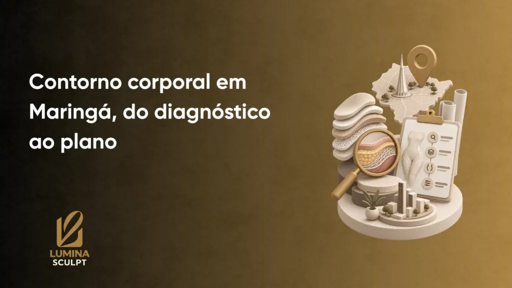 Imagem promocional de serviço de contorno corporal em Maringá, do diagnóstico ao plano, com ilustração 3D de estrutura anatômica e recursos gráficos de avaliação, além do logotipo Lumina Sculpt.