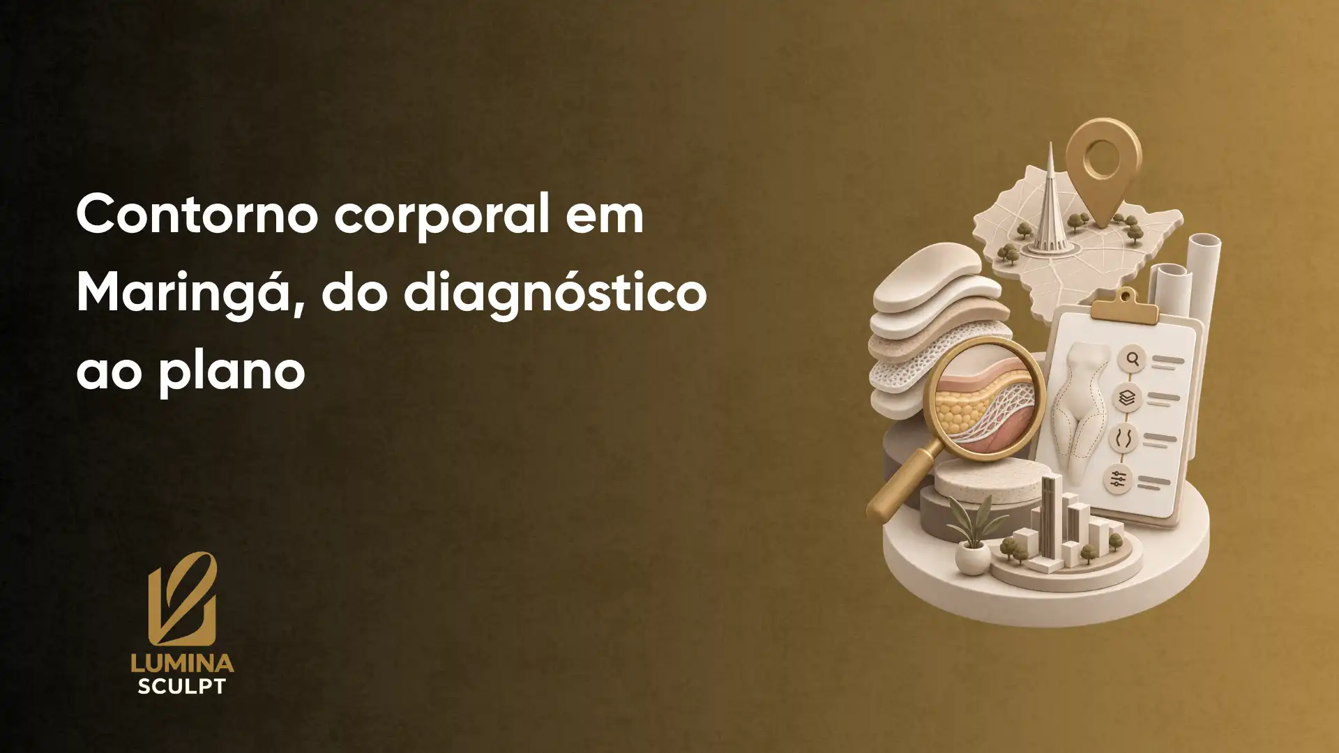 Imagem promocional de serviço de contorno corporal em Maringá, do diagnóstico ao plano, com ilustração 3D de estrutura anatômica e recursos gráficos de avaliação, além do logotipo Lumina Sculpt.