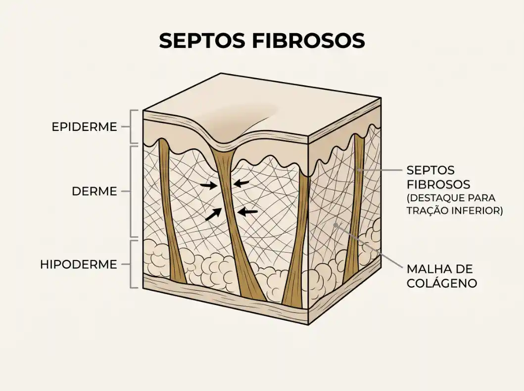 Diagrama médico em corte mostrando septos fibrosos, epiderme, derme e hipoderme, com malha de colágeno e septos fibrosos (destacados para tração inferior)