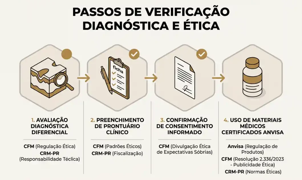 Infográfico com “Passos de verificação diagnóstica e ética”, mostrando uma sequência de 4 etapas: avaliação diagnóstica diferencial, preenchimento de prontuário clínico, confirmação de consentimento informado e uso de materiais definidos por normas e certificações ANVISA e CFM.