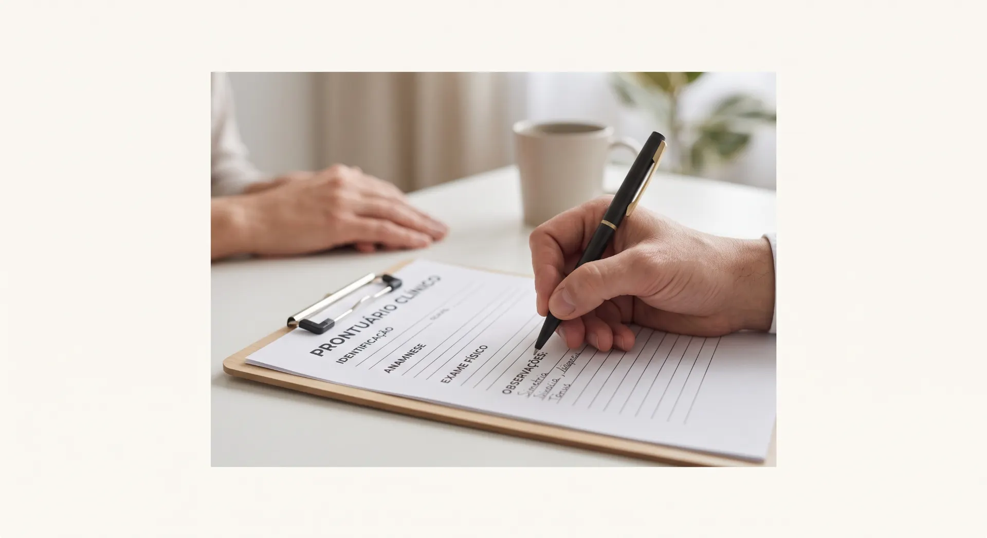 Pessoa preenchendo um formulário de prontuário em um ambiente de escritório, com caneta na mão e um copo sobre a mesa, sugerindo cadastro ou registro de informações.