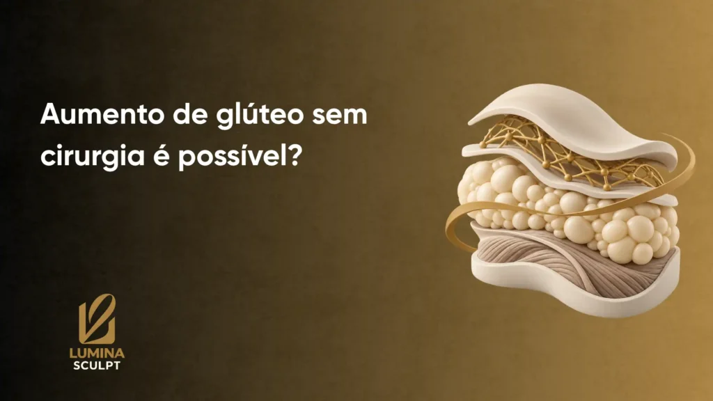 Imagem promocional com a frase “Aumento de glúteo sem cirurgia é possível?” ao lado de uma representação anatômica de glúteos em 3D, com tecido e marcações, e logotipo “LUMINA SCULPT”.