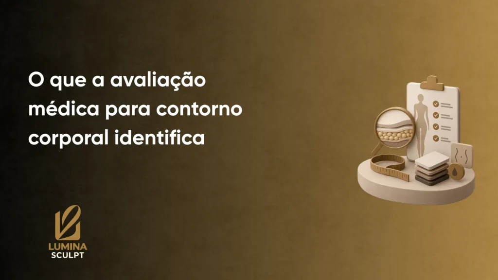 Banner com texto “O que a avaliação médica para contorno corporal identifica” em fundo marrom, com ilustração de uma área de avaliação corporal: ficha clínica, lupa sobre região com glândulas, escalas e itens gráficos ao lado. Logo “LUMINA SCULPT” no canto inferior esquerdo.