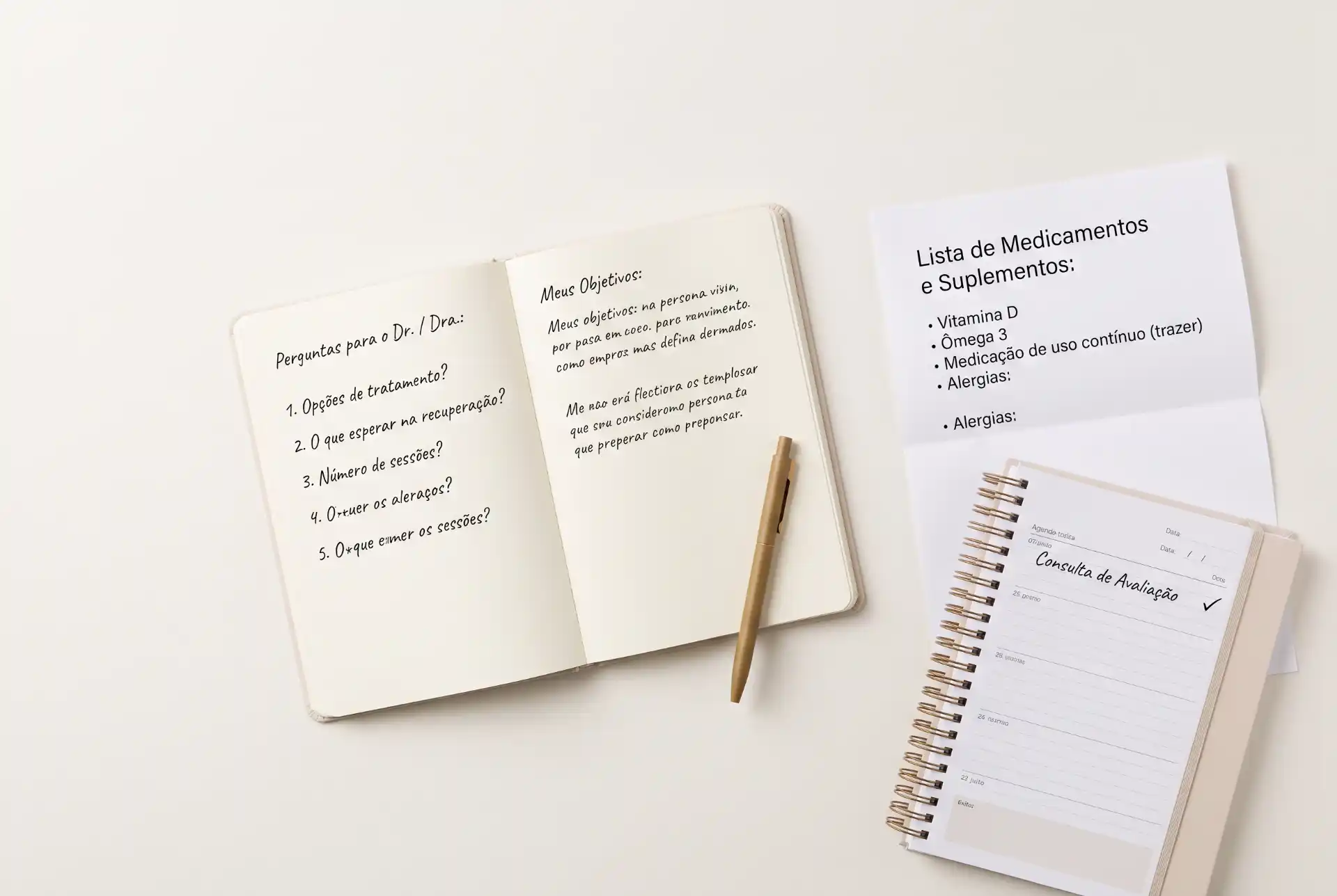 Imagem de uma mesa com caderno aberto com perguntas para o médico, um bloco com anotações de objetivos e uma lista impressa de medicamentos e suplementos com vitamina D e ômega 3, além de um formulário de avaliação.