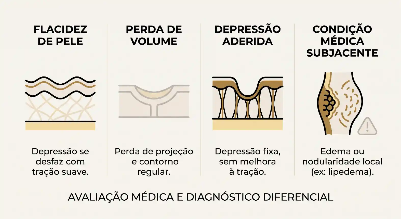 Imagem com ilustrações médicas comparando flacidez de pele, perda de volume, depressão aderida e condição de pele subjacente, com descrições sobre sinais como contorno irregular, edema e lipedema.