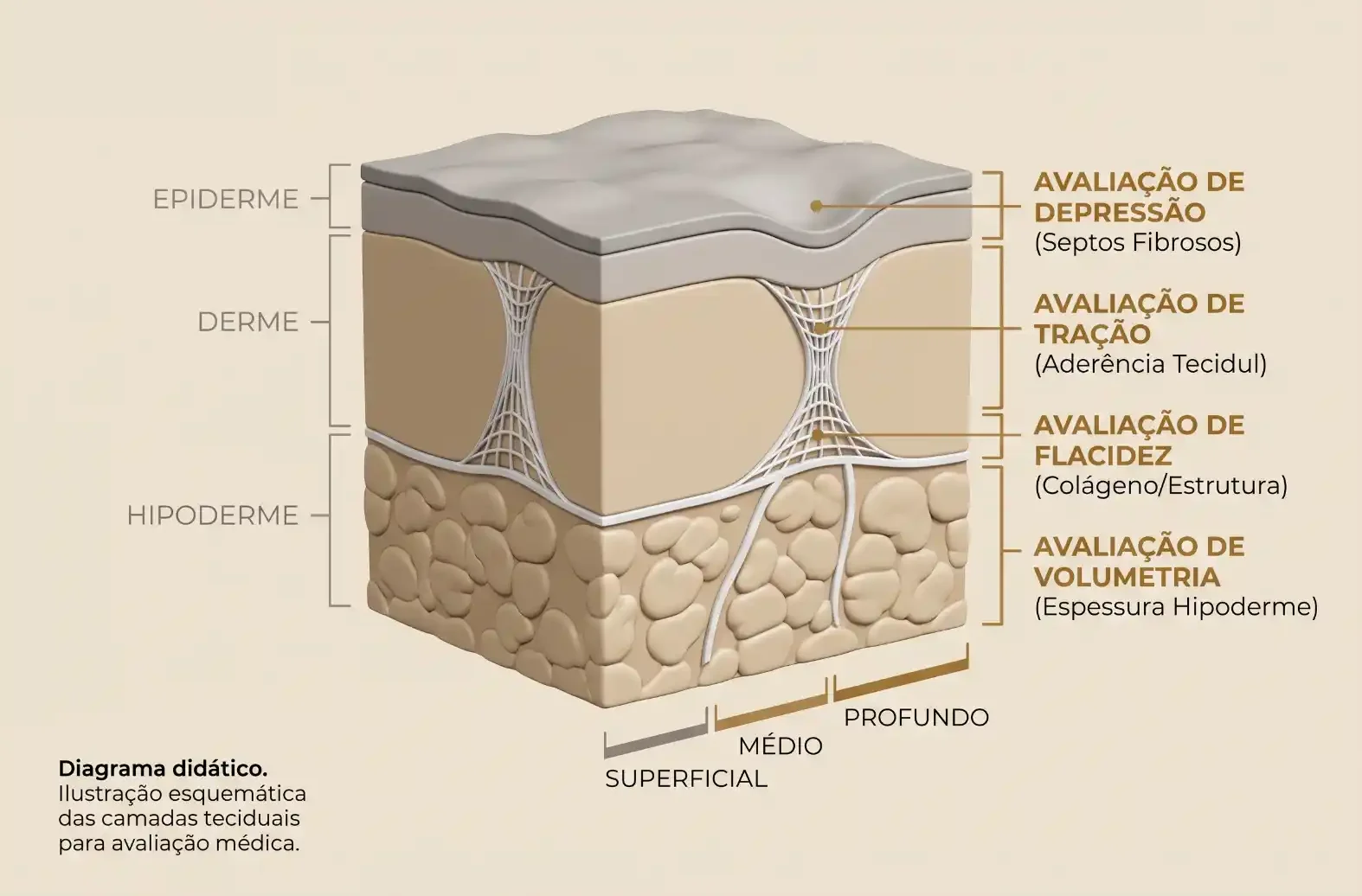 Diagrama ilustrativo da pele em camadas (epiderme, derme e hipoderme) com indicações de avaliação de depressão, tração, flacidez e volumetria, mostrando profundidades superficial, médio e profundo.