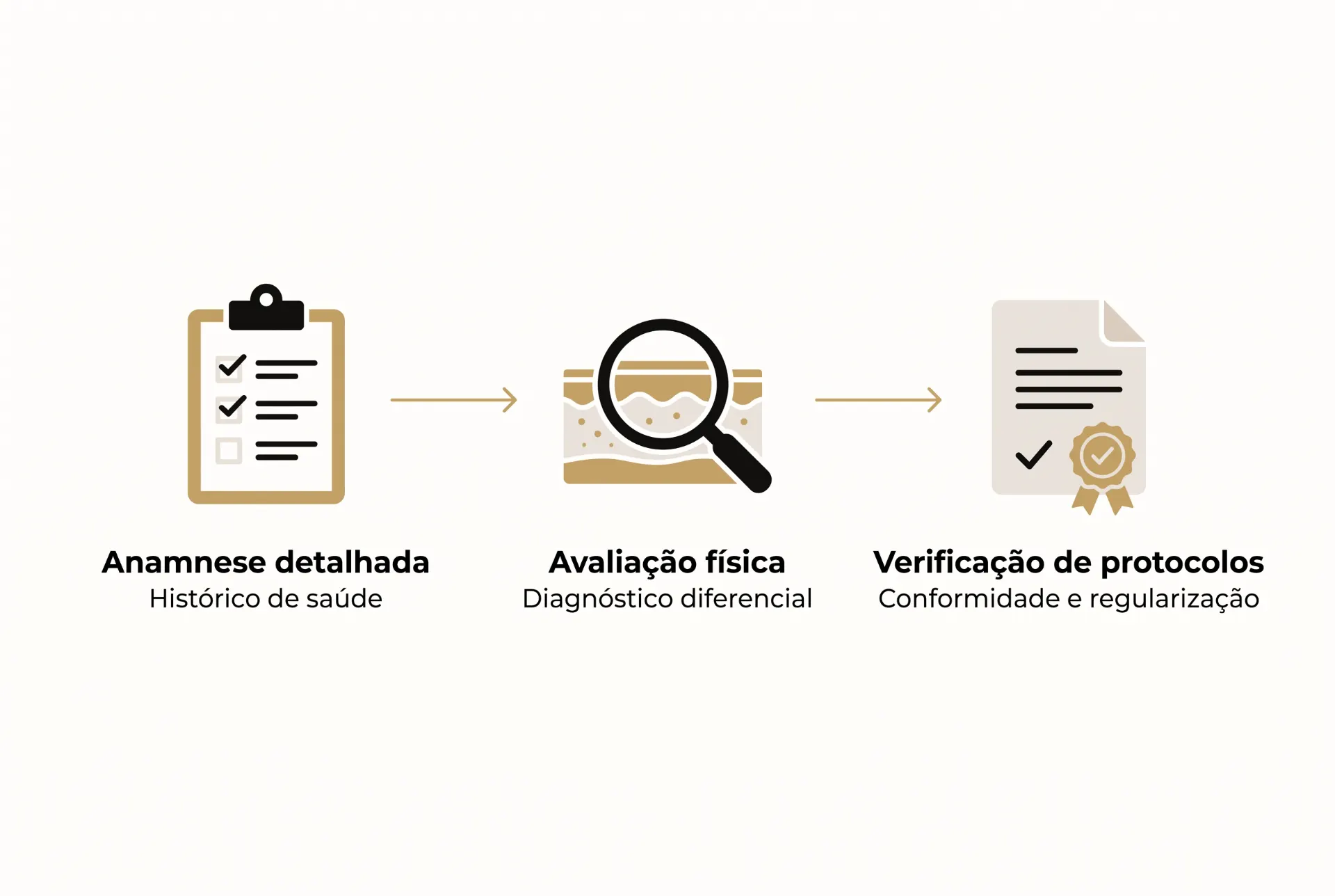 Diagrama ilustrado com três etapas de processo: anamnese detalhada (histórico de saúde), avaliação física (diagnóstico diferencial) e verificação de protocolos (conformidade e regularização).
