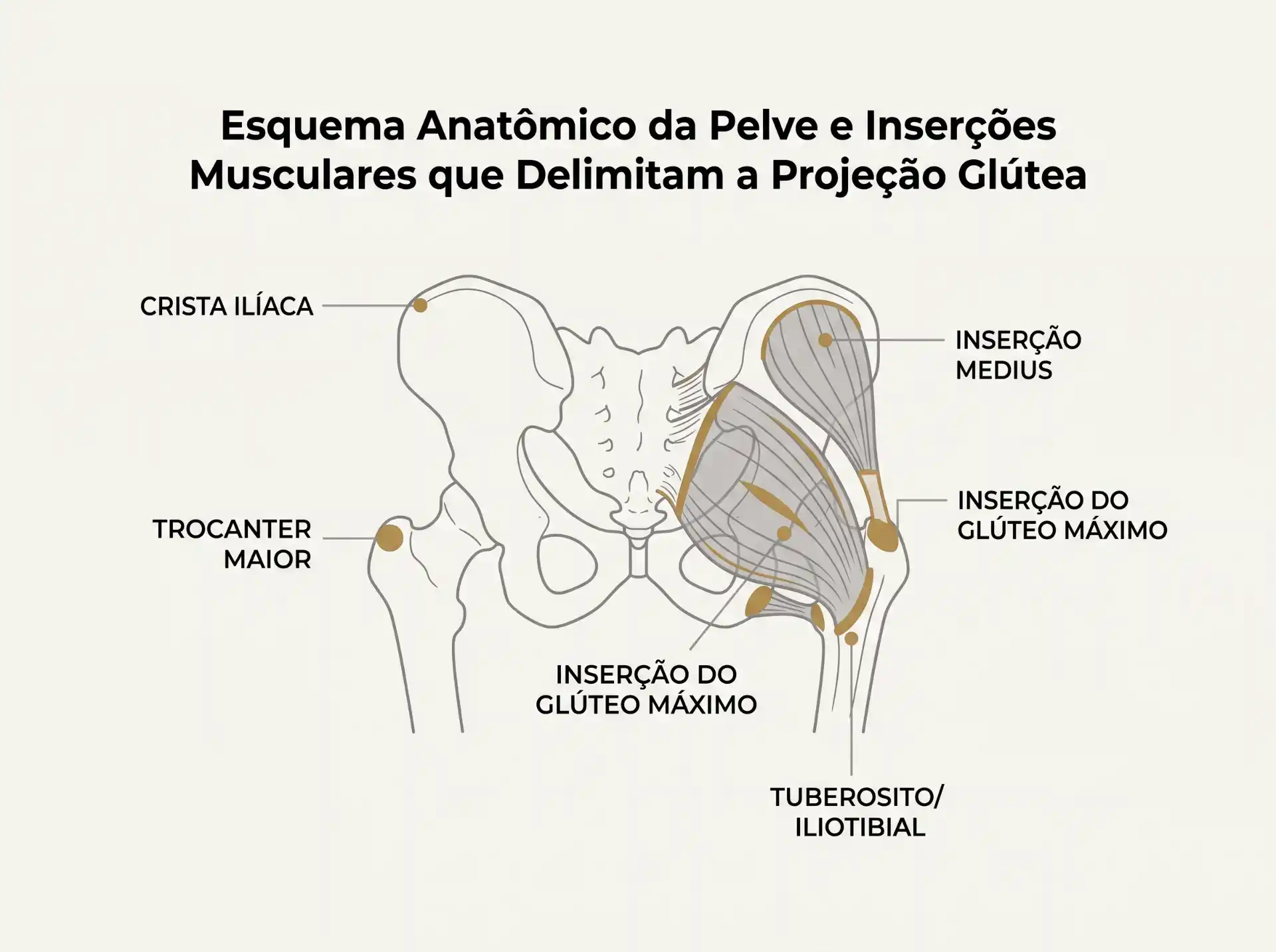 Esquema anatômico da pelve com inserções musculares que delimitam a projeção glútea, mostrando crista ilíaca, trocânter maior, inserção do glúteo máximo e inserção do glúteo médio.