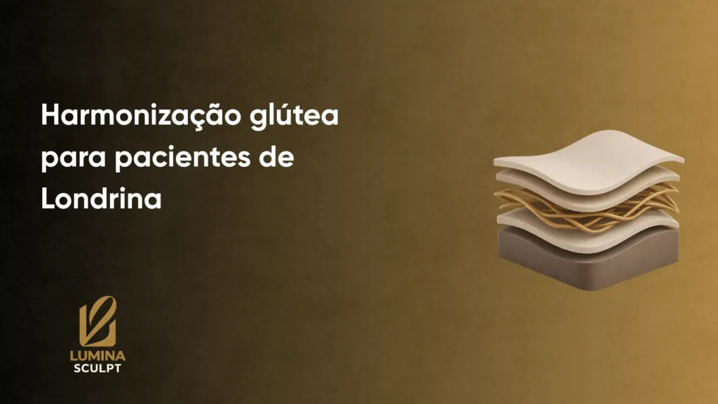 Banner com o texto “Harmonização glútea para pacientes de Londrina” e o logo “Lumina Sculpt”, ao lado de uma ilustração de uma pilha de almofadas médicas em tons bege e cinza.