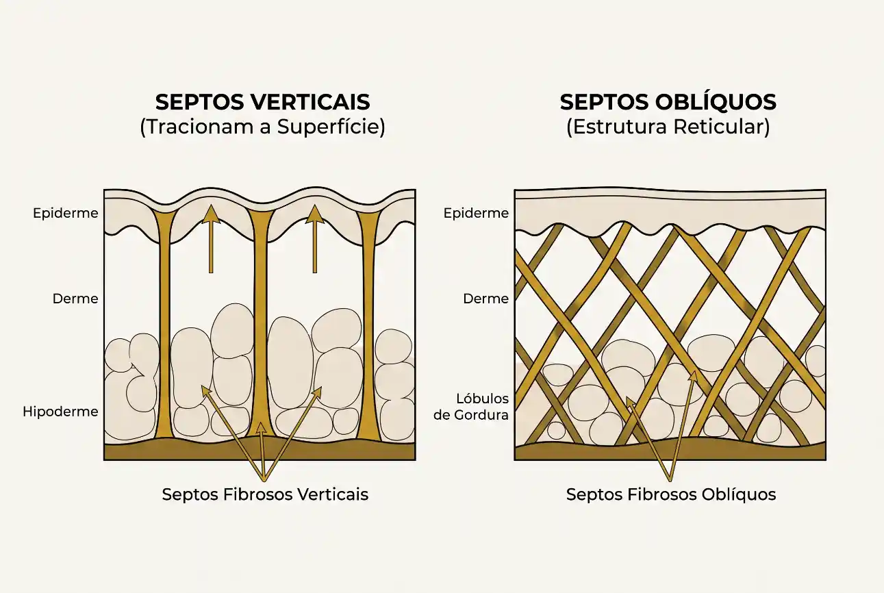 Ilustração comparativa de septos verticais e septos oblíquos no tecido subcutâneo, mostrando epiderme, derme e hipoderme com septos fibrosos direcionais e estrutura reticular.