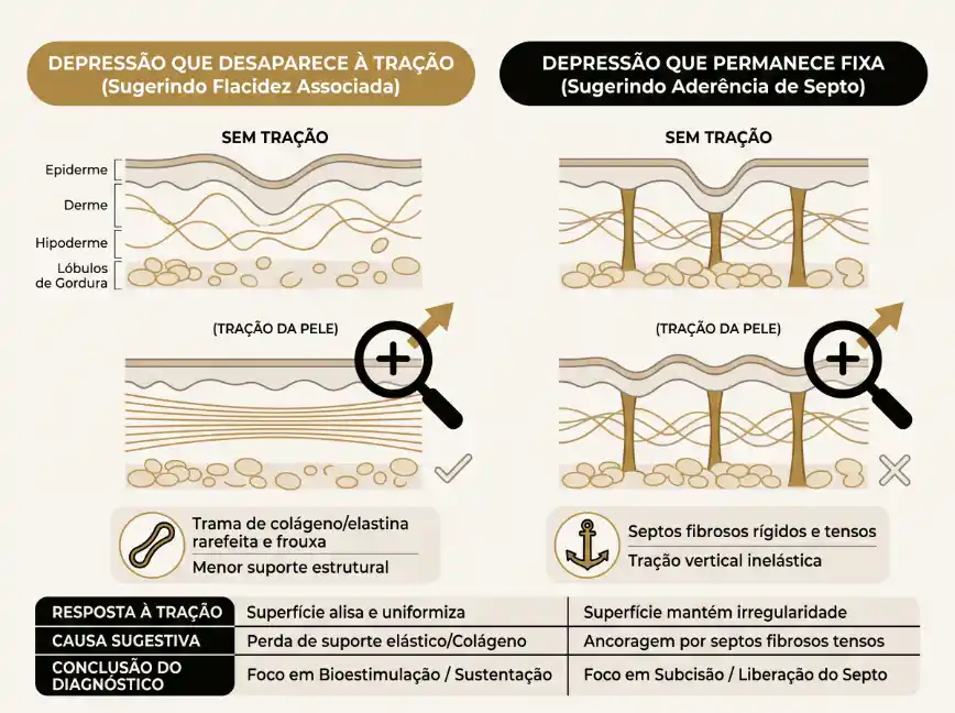 Infográfico em português mostrando duas comparações de depressão da pele: “depressão que desaparece à tração” com lâmina sem tração e a correção ao aplicar tração, e “depressão que permanece fixa” sugerindo aderência do septo, com tração vertical.
