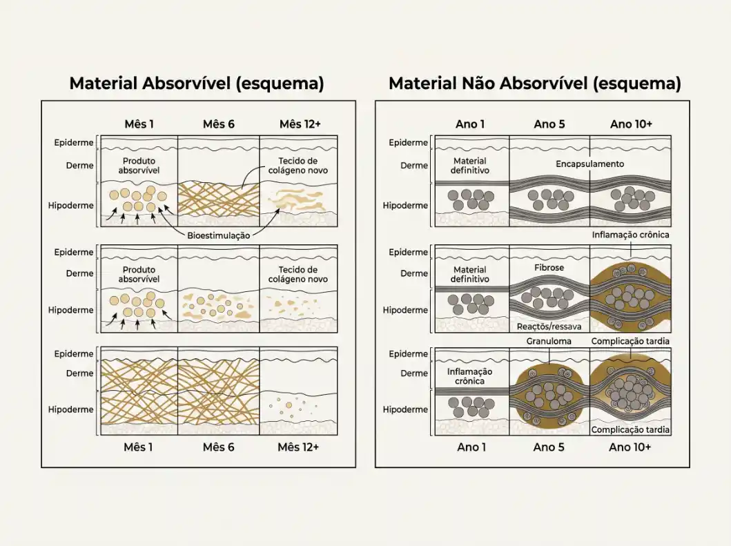 Infográfico em esquema comparando Material Absorvível e Material Não Absorvível na pele, mostrando mudanças ao longo de meses e anos: epiderme, derme e hipoderme.