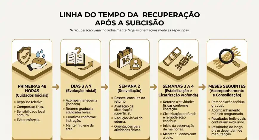 Infográfico em português sobre a recuperação após a subcisão, mostrando a “Linha do Tempo da Recuperação” com etapas: Primeiras 48 horas, dias 3 a 7, semana 2, semanas 3 a 4 e meses seguintes. Inclui recomendações e descrições visuais.