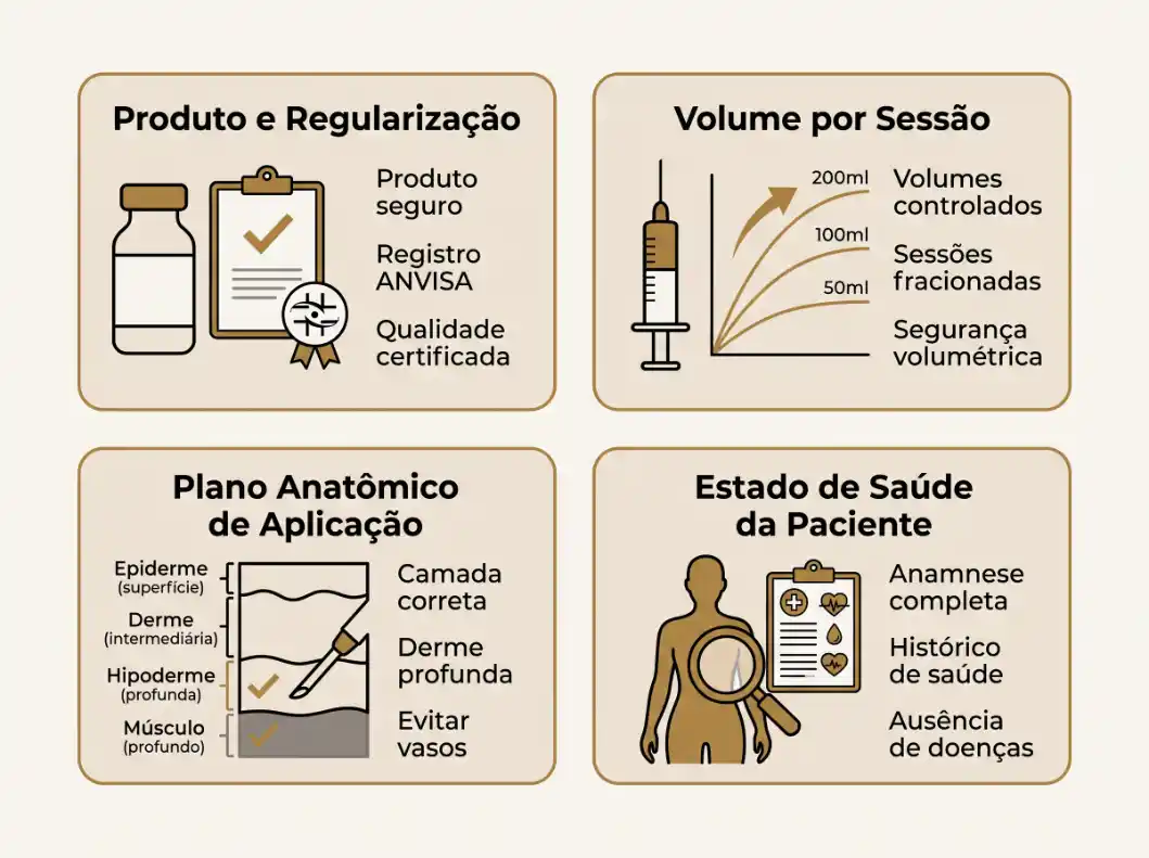 Infográfico com quatro seções: produto e regularização (Registro ANVISA e qualidade certificada), volume por sessão com volumes controlados, plano anatômico de aplicação e estado de saúde do paciente.
