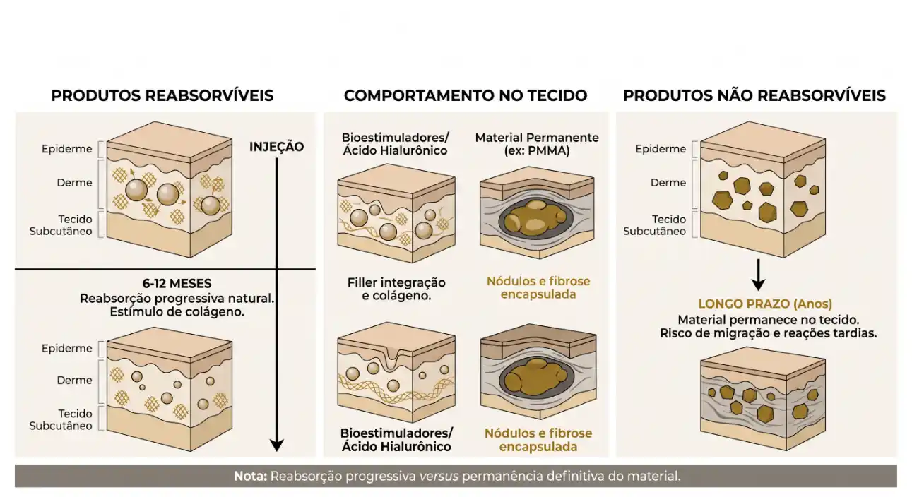 Infográfico comparativo de produtos reabsorvíveis versus não reabsorvíveis e o comportamento no tecido: injeção, bioestimuladores com ácido hialurônico/PMMA, formação de nódulos e fibrose encapsulada, e evolução em longo prazo.