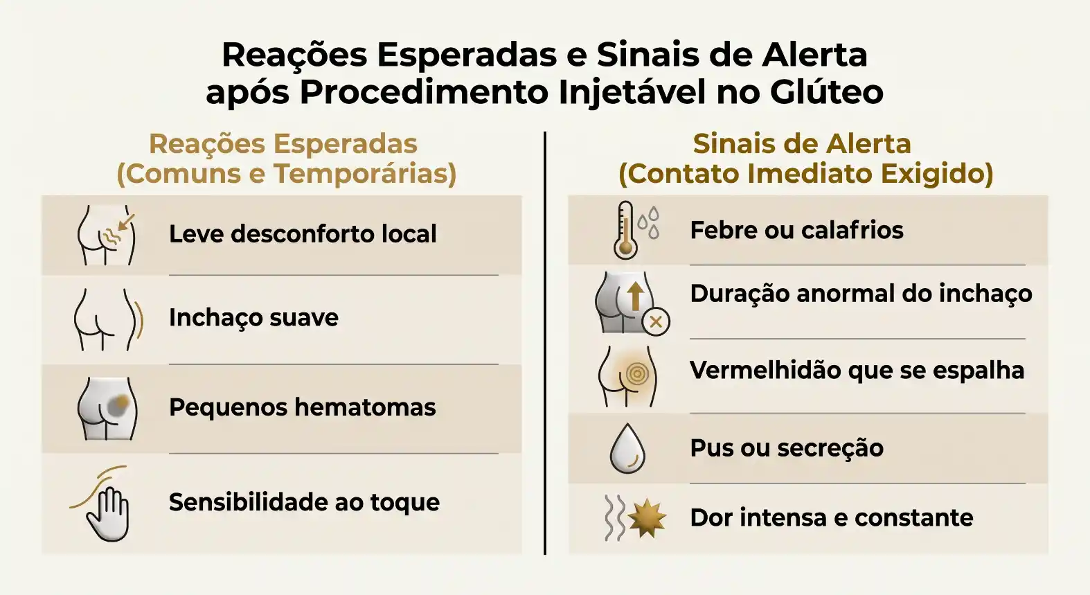 Infográfico em português com o título “Reações Esperadas e Sinais de Alerta após Procedimento Injetável no Glúteo”, listando reações comuns e temporárias como leve desconforto local, inchaço suave e pequenos hematomas, além de sinais de alerta como febre ou calafrios, vermelhidão que se espalha, pus ou secreção e dor intensa e constante.