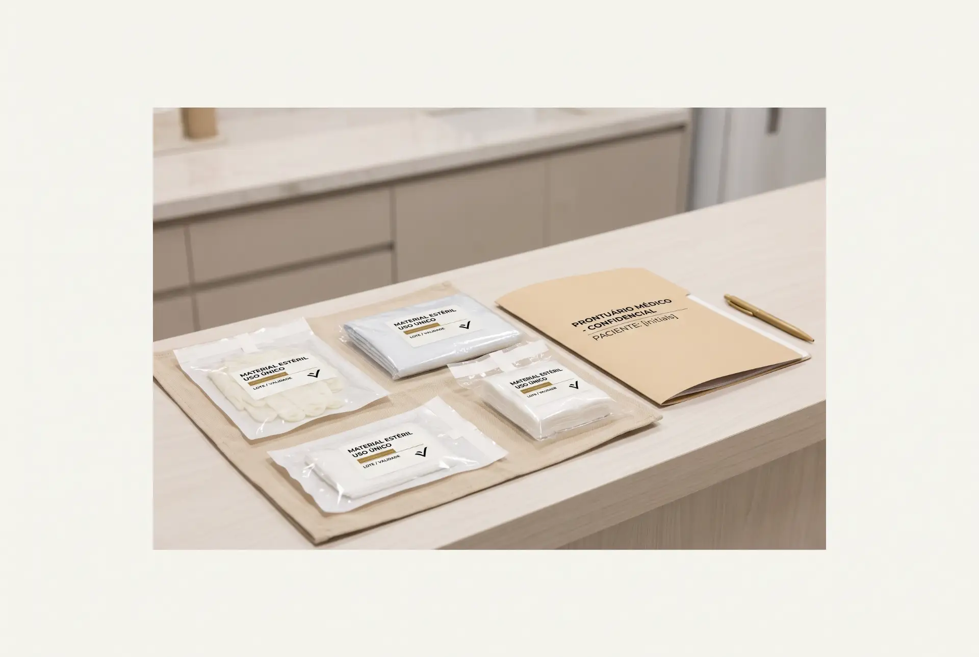 Kit de amostras de produtos de perfumaria sobre uma mesa de escritório, com sachês individuais, folheto de apresentação e lápis ao lado, em ambiente neutro e bem iluminado.