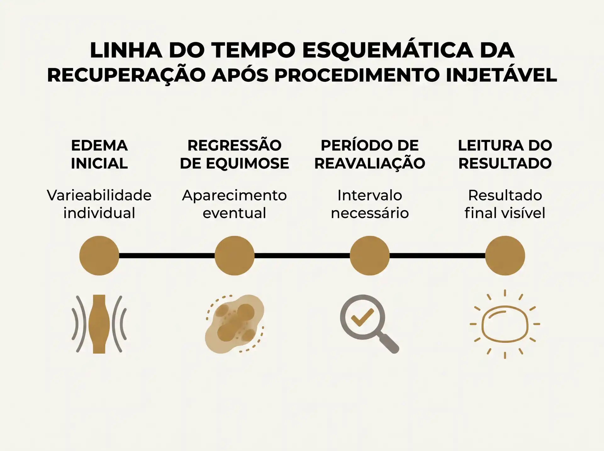 Infográfico com a linha do tempo esquemática da recuperação após procedimento injetável, mostrando etapas: edema inicial, regressão de equimose, período de reavaliação e leitura do resultado final visível.