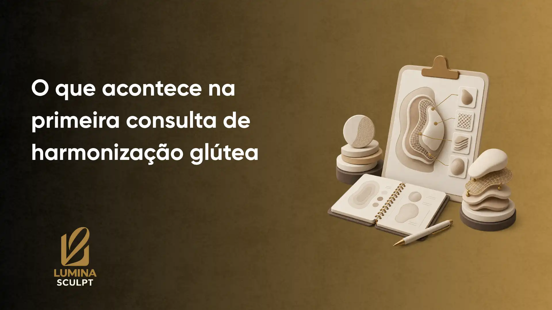 Imagem com o texto “O que acontece na primeira consulta de harmonização glútea”, destacando materiais e ilustrações médicas em fundo bege com a marca “LUMINA SCULPT”.