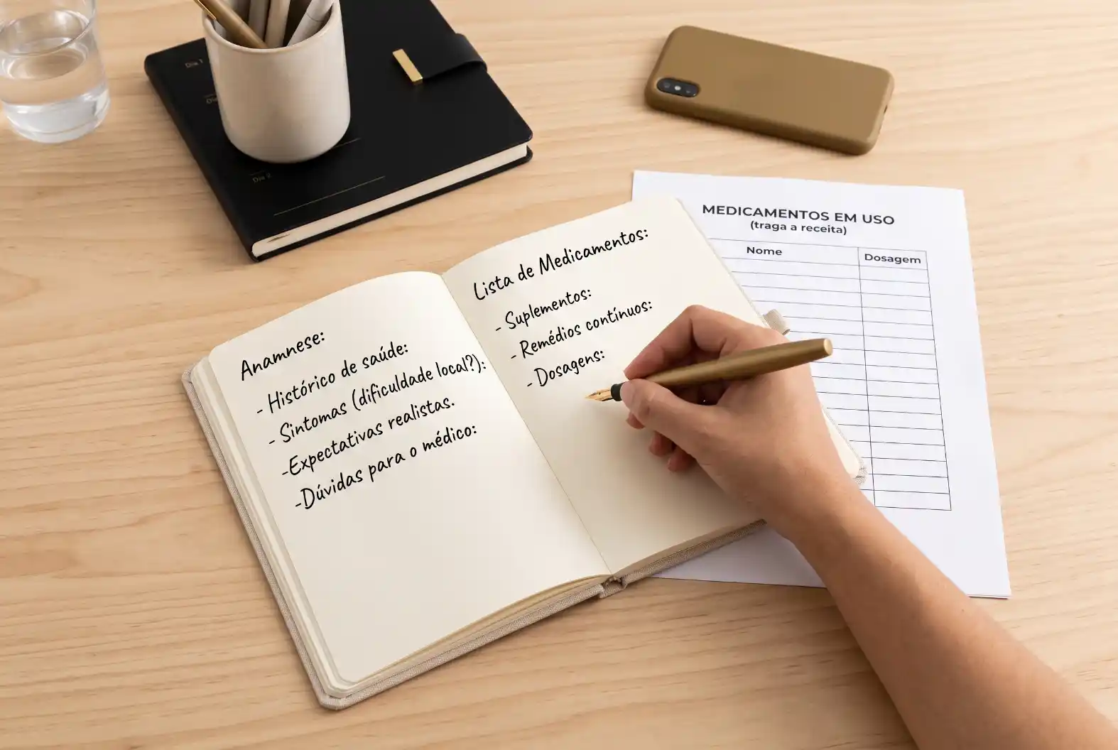 Pessoa anotando itens em um caderno aberto sobre medicamentos em uso, lista de perguntas e dados de dosagem, em uma mesa de trabalho com bloco, celular e caneta.
